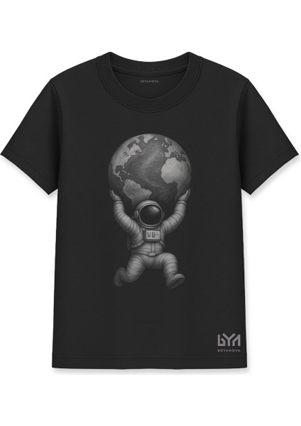 Dünya Taşıyan Astronot Siyah Basic Tişört
