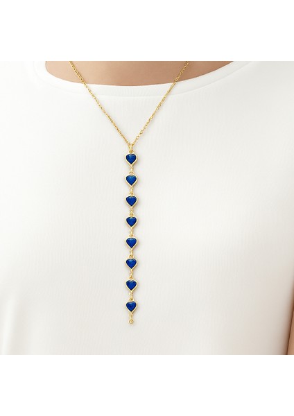 Mavi Kalp Detaylı Uzun Çelik Y Kolye