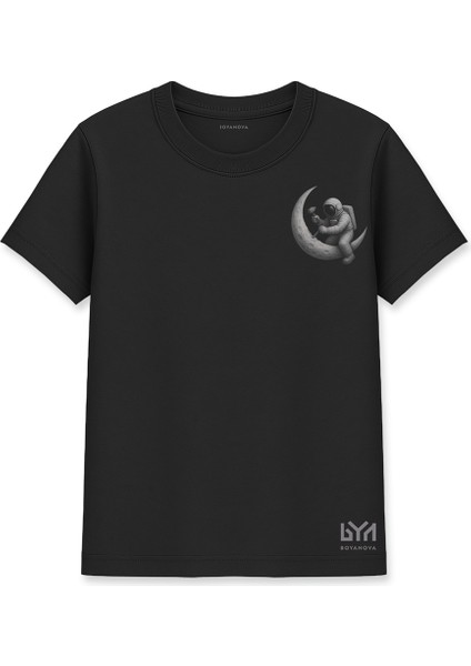 Ay Üzerinde Oturan Astronot Baskılı Siyah Basic Tişört