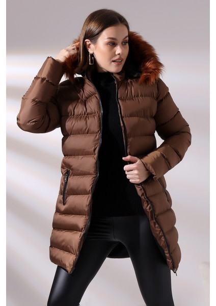 Kadın Kapüşonlu Fermuarlı Microjel Dolumlu Peluşlu Su ve Rüzgar Gecirmez Monta