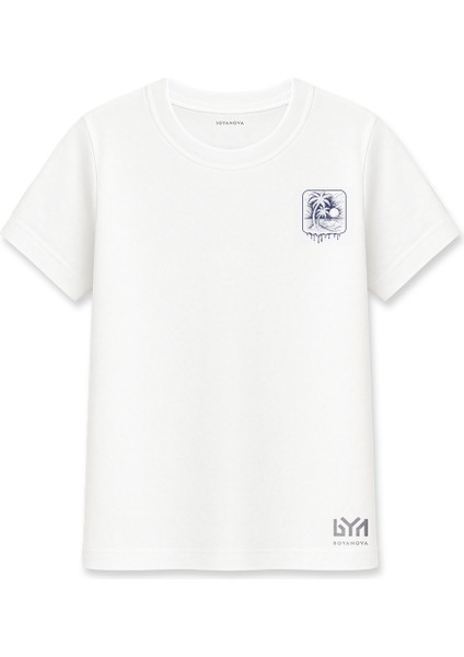 Mavi Palmiye Gün Batımı Baskılı Beyaz Basic Tişört