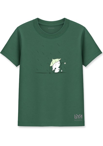 Nilüfer Şapkalı Tavşan Baskılı Yeşil Basic Tişört
