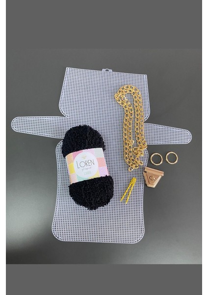 Kanvas Çanta Örgü Kiti 45X12CM - Siyah Kuzu Ipi Plastik Kanvas Çanta Seti Zincirli