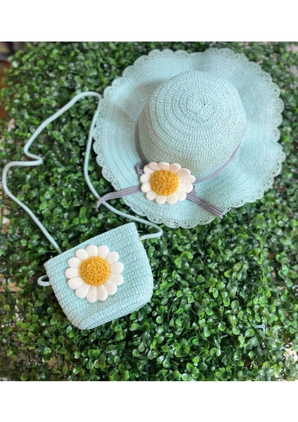 Kız Çocuk 2-6 Yaş Arası Papatya Figürlü Çocuk Hasır Şapka Fötr Şapka Çanta