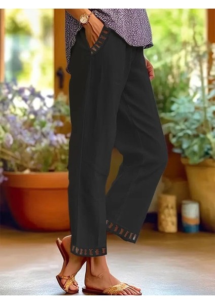 Kadın Beli Lastikli Bağcıklı Cep ve Pantolon Ucu Güpür Detaylı Pantolon modelleri