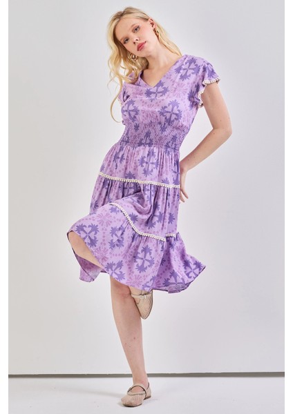 Kadın V Yaka Güpür Detaylı Gipeli Mini Elbise Lila