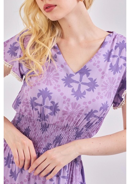 Kadın V Yaka Güpür Detaylı Gipeli Mini Elbise Lila modelleri