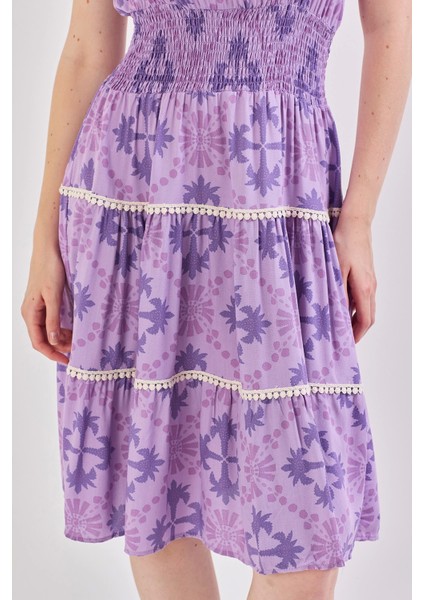 Kadın V Yaka Güpür Detaylı Gipeli Mini Elbise Lila fırsatları