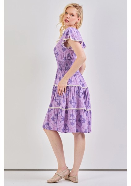 Kadın V Yaka Güpür Detaylı Gipeli Mini Elbise Lila indirimleri