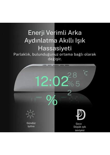 USB ve 3 Pille Çalışabilen Ayna Ekranlı Dijital Masa Saati | Alarm, Termometre, Nem Ölçer, Otomatik Parlaklık Ayarı | Şık Modern Tasarım, Beyaz Işık modelleri