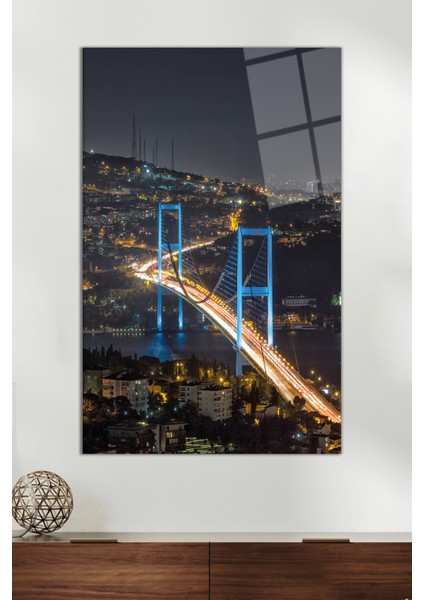 Işıl Işıl Istanbul Boğaz Köprüsü Cam Tablo, Modern Ev ve Ofis Dekoru, Hediyelik Duvar Dekorasyonu