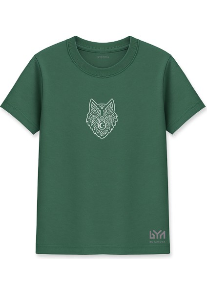 Göktürk Motifli Gümüş Bozkurt Kafası Yeşil Basic Tişört