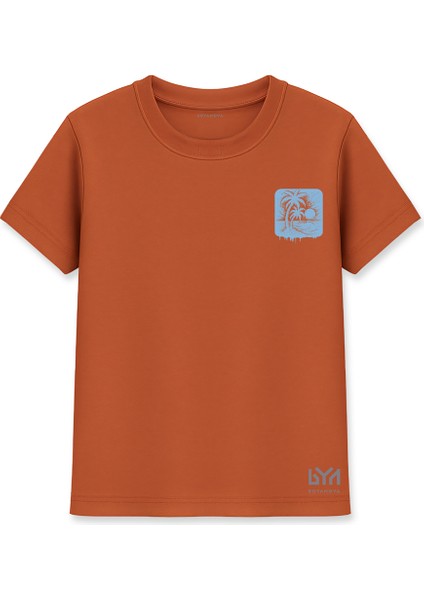 Mavi Palmiye Gün Batımı Baskılı Kiremit Basic Tişört