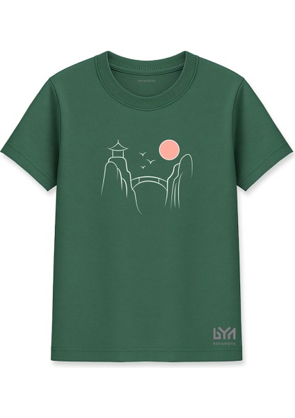 Doğuda Gün Doğumu Illüstrasyonlu Yeşil Basic Tişört