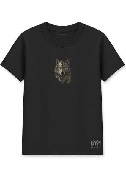 Etnik Desenli Bozkurt Portre Siyah Basic Tişört