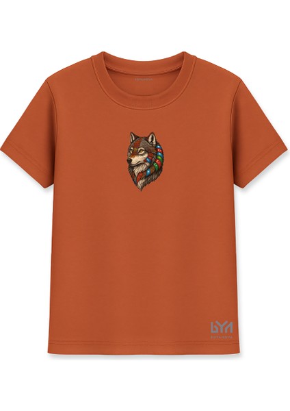 Renkli Tüy Detaylı Bozkurt Portre Kiremit Basic Tişört