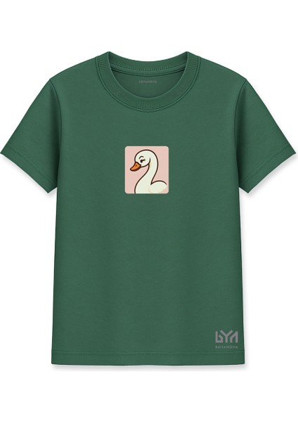 Zarif Kuğu Illüstrasyonlu Minimal Tasarımlı Yeşil Basic Tişört