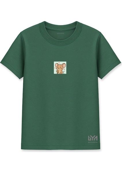 Çiçek Tutan Sevimli Fare Illüstrasyonlu Yeşil Basic Tişört