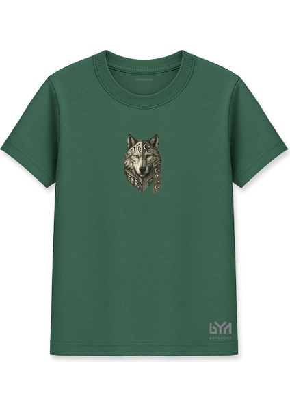 Etnik Desenli Bozkurt Portre Yeşil Basic Tişört