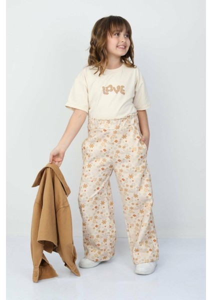 Çiçek Desen Denim Pantolon Sütlü Kahve - 3-4 Yaş