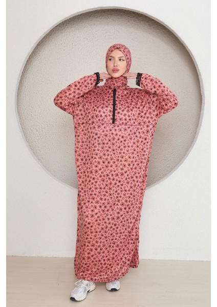 Yarım Fermuarlı Şık Desenli Başörtülü Kadın Namaz Elbisesi Renkli modelleri