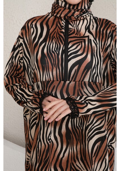 Yarım Fermuarlı Şık Desenli Başörtülü Kadın Namaz Elbisesi Renkli indirimleri