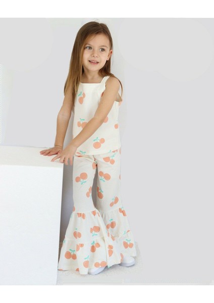 Kiraz Desenli Ispanyol Pantolonlu 2'li Takım Ekru - 5-6 Yaş