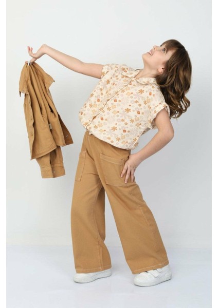 Çiçek Desen Müslin Gömlek Sütlü Kahve - 9-10 Yaş