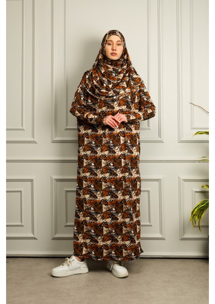Tek Parça Başörtülü Desenli Kadın Namaz Elbisesi modelleri