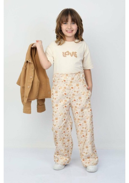 Love Desenli Pamuklu Tişört Sütlü Kahve - 3-4 Yaş