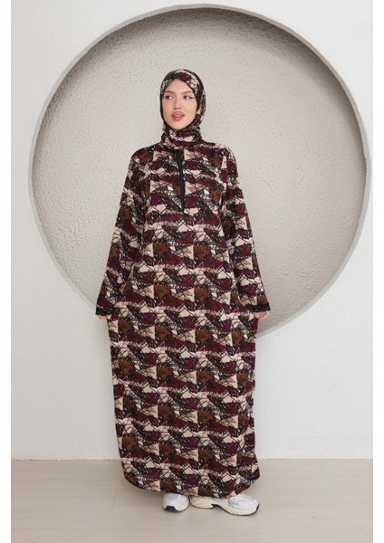 Yarım Fermuarlı Şık Desenli Başörtülü Kadın Namaz Elbisesi Renkli fırsatları