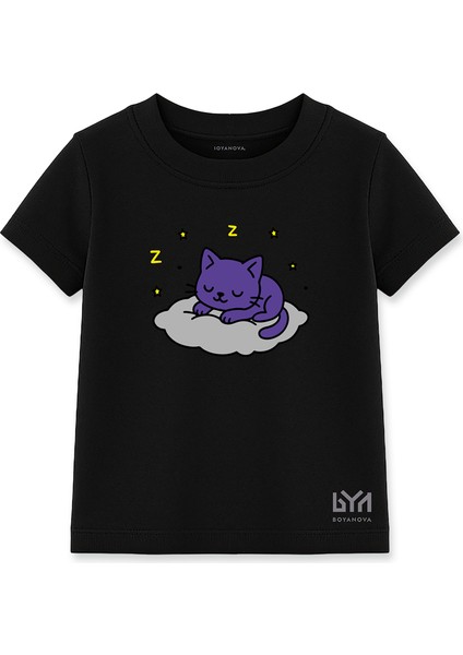 Yıldızlı Kedi Rüyası Siyah Çocuk Basic Tişört