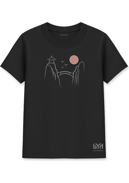 Doğuda Gün Doğumu Illüstrasyonlu Siyah Basic Tişört