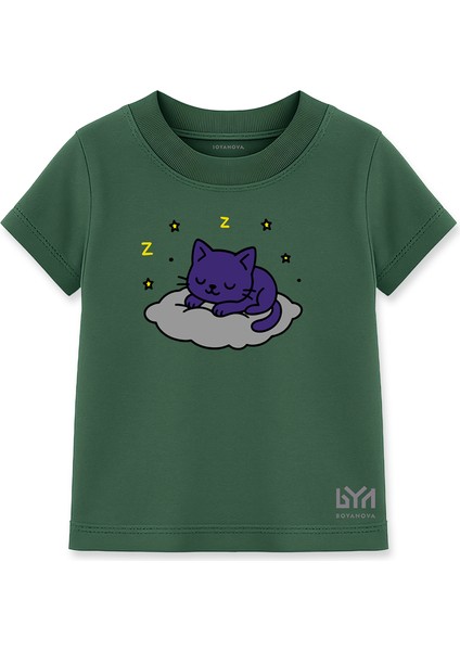 Yıldızlı Kedi Rüyası Yeşil Çocuk Basic Tişört