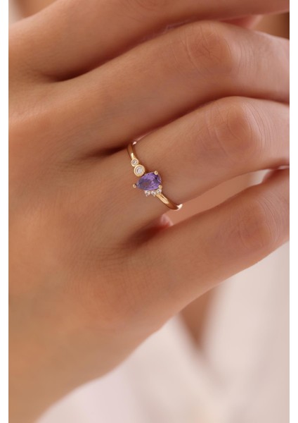 14 Ayar Minimal Mor Taşlı Altın Yüzük fiyatları