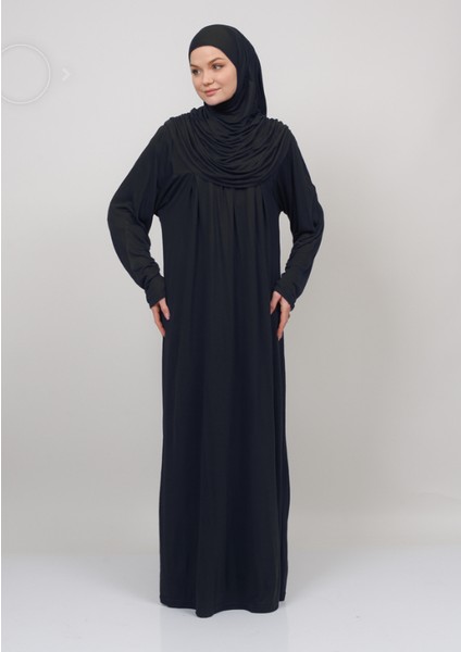 Pamuklu Penye Kumaş Namaz Elbisesi Pratik Başörtülü Boydan Giymeli Siyah Siyah