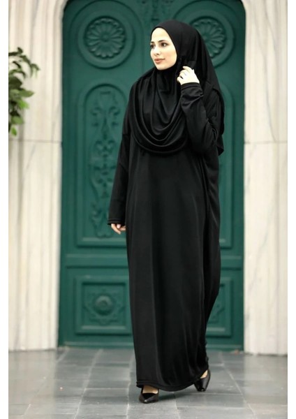 Pamuklu Penye Kumaş Namaz Elbisesi Pratik Başörtülü Boydan Giymeli Siyah Siyah indirimleri