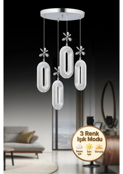 SERRA 4LÜ KROM 3 Renk LED ISIKLI SALON MUTFAK OTURMA ODASI ANTRE AVİZE