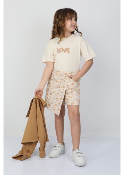 Çiçek Desen Şort Etek Sütlü Kahve - 3-4 Yaş
