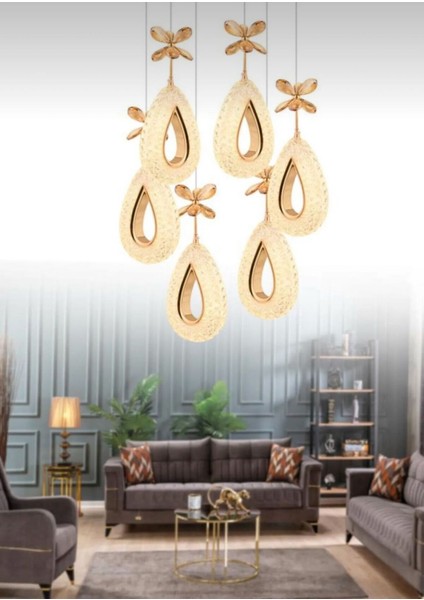 Damla-6li GOLD 3 Renk LED ISIKLI SALON MUTFAK OTURMA ODASI ANTRE AVİZE fiyatları
