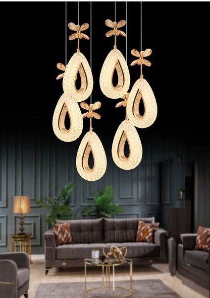 Damla-6li GOLD 3 Renk LED ISIKLI SALON MUTFAK OTURMA ODASI ANTRE AVİZE fırsatları