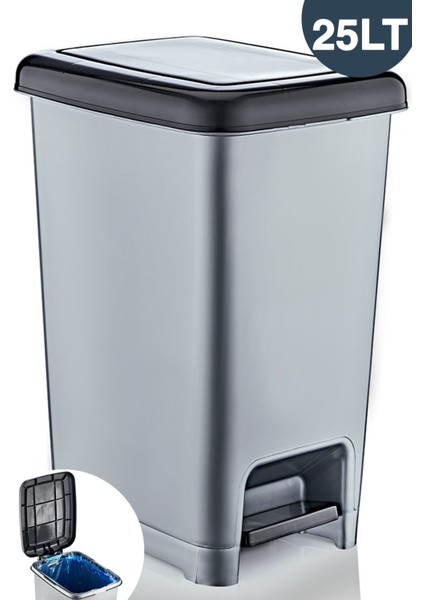 Şık 25 Lt Slim Pedallı Çöp Kovası Gri Siyah