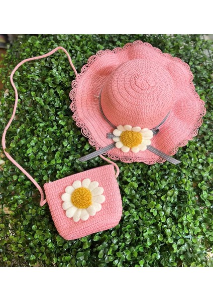 Kız Çocuk 2-6 Yaş Arası Papatya Figürlü Çocuk Hasır Şapka Fötr Şapka Çanta
