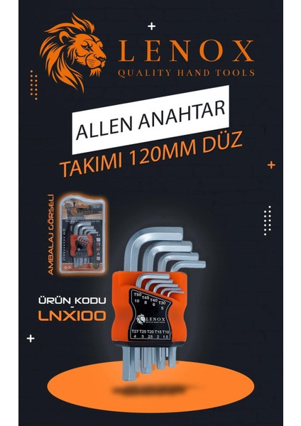 Alyan Anahtar Takımı Allen Takımı 9 Parça 120MM Düz Başlı Lenox Tools