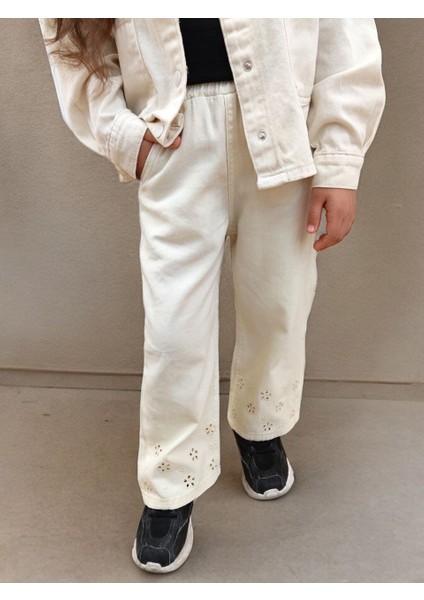 Oyma Yaka Ceketli Denim 2'li Takım Ekru - 9-10 Yaş