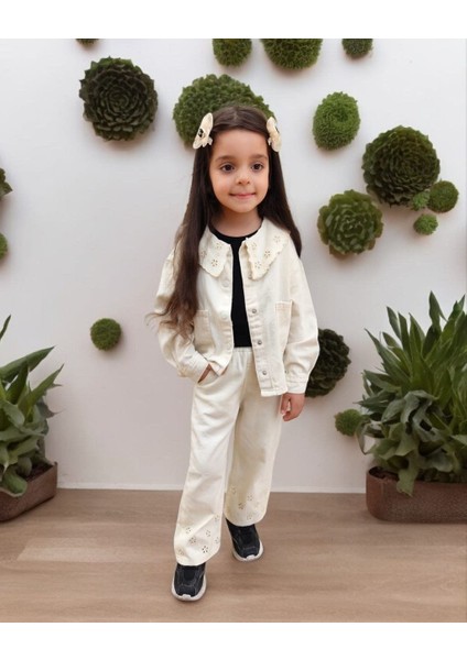 Oyma Yaka Ceketli Denim 2'li Takım Ekru - 9-10 Yaş modelleri