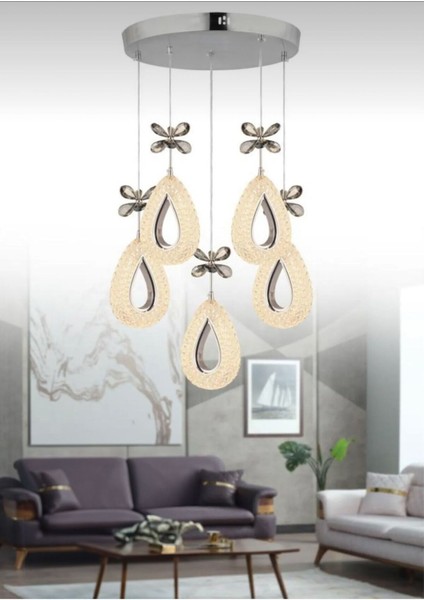 Damla 5Lİ KROM 3 Renk LED ISIKLI SALON MUTFAK OTURMA ODASI ANTRE AVİZE