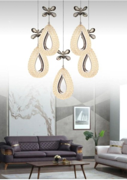 Damla 5Lİ KROM 3 Renk LED ISIKLI SALON MUTFAK OTURMA ODASI ANTRE AVİZE fiyatları