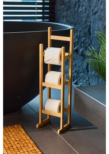 Kahverengi Bambu Standlı Wc Kağıtlık, Şık ve Kullanışlı Tasarım