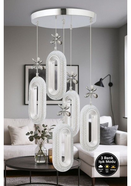 SERRA 5Lİ KROM 3 Renk LED ISIKLI SALON MUTFAK OTURMA ODASI ANTRE AVİZE